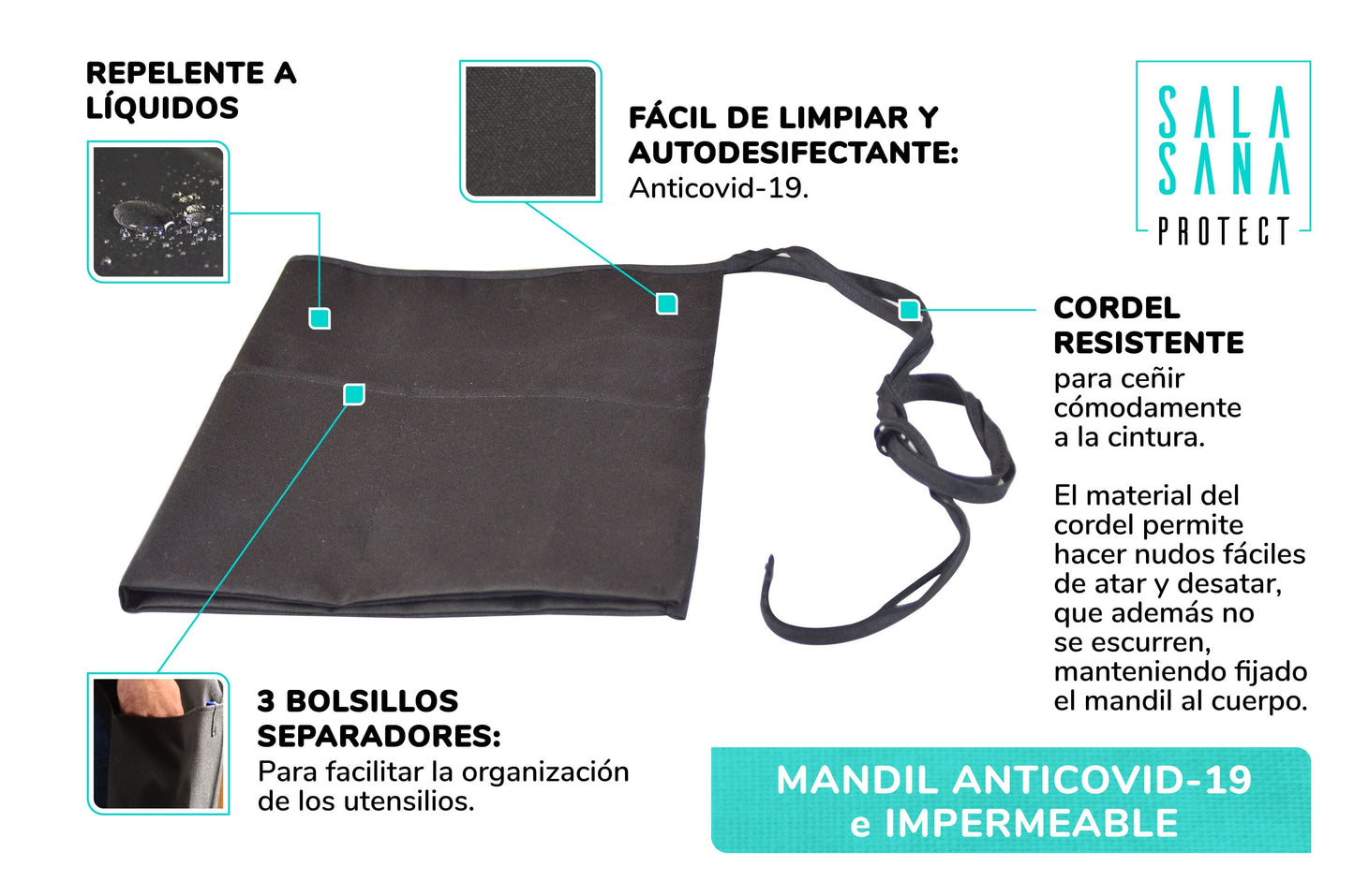 Mandil Camarero Unisex | Delantal Impermeable con bolsillos | ANTIVIRAL